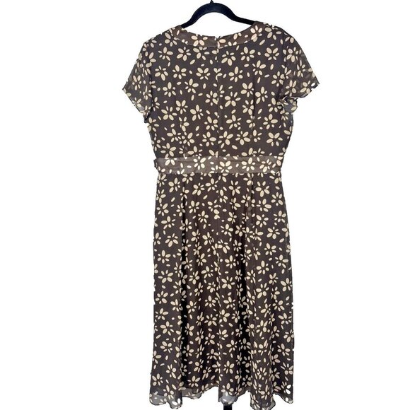 Talbots Dress Women 12P Brown Floral Silk Faux Wrap Tie Short Sleeve V-Neckline - Picture 2 of 12